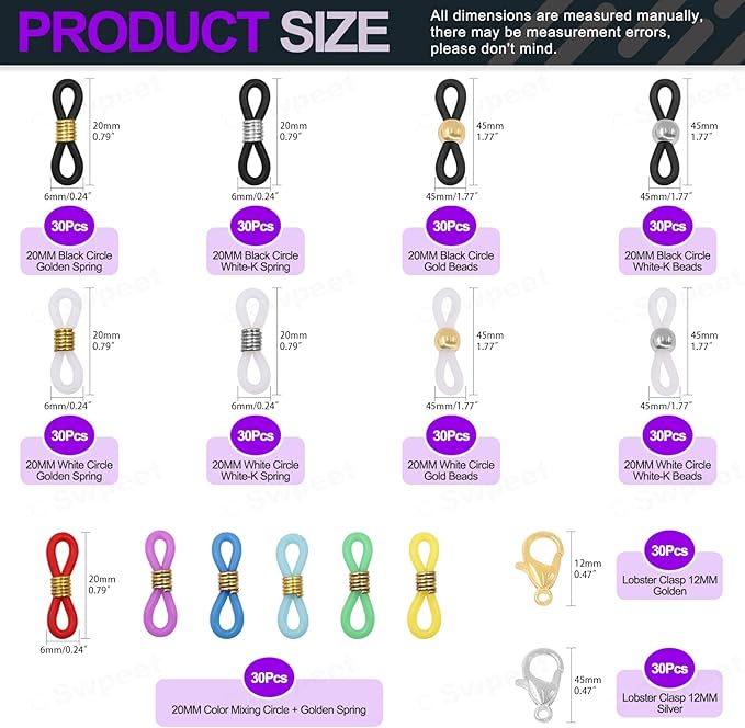 Swpeet 330Pcs Gold and Silver 3/4" Adjustable Silicone Eyeglass Chain Ends Spectacle End Connectors and 15/32" Stainless Steel Lobster Claw Clasps Kit, Bracelet Necklace Clasps Anti Spring Connector