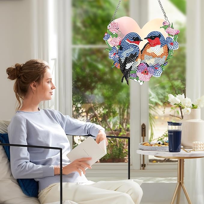Diamond Art Painting Hanging Kit for Adults, Heart-Shaped Romantic Love Birds DIY Diamond Painting Acrylic Ornament, Diamond Art Pendant Window Suncatcher Wall Door Home Decor