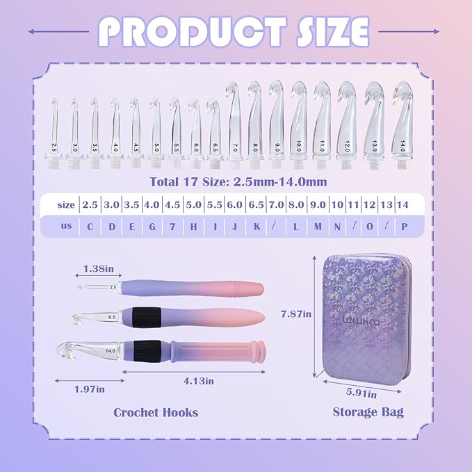 Lewhoo 17 Sizes Ergonomic Crochet Hook Set with Case 2.5mm-14.0mm, 3PCS Interchangeable Handles with Screw-Lock Connection, All in One Crochet Set for Beginner