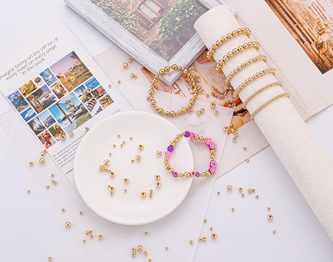 DUQGUHO 1500 Pcs Gold Spacer Beads - 8mm, 6mm, 4mm for Stackable Bracelets - Smooth Round Loose Plastic Copper Beads - Bulk