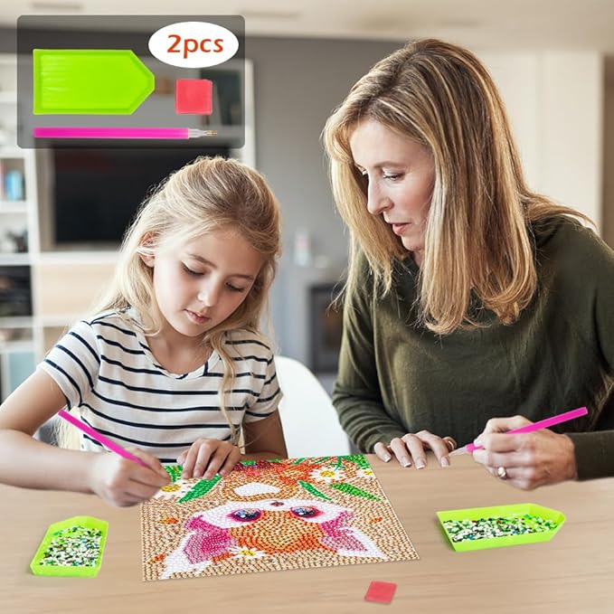 QEUOYSS Diamond Art Kit for Kids with Wooden Frame Art and Crafts for Kids Ages 6-8 -10-12 Easy to DIY Diamond Art for Kid and Adult Beginners Home Wall Decoration (Flower Fox)