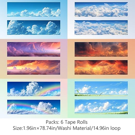 Kesari Cloud Washi Tape Stickers for Scrapbooking Supplies,6 Rolls Nature Themed Washi Stickers for Journaling, Junk Journal Supplies, Planer (Cloud)
