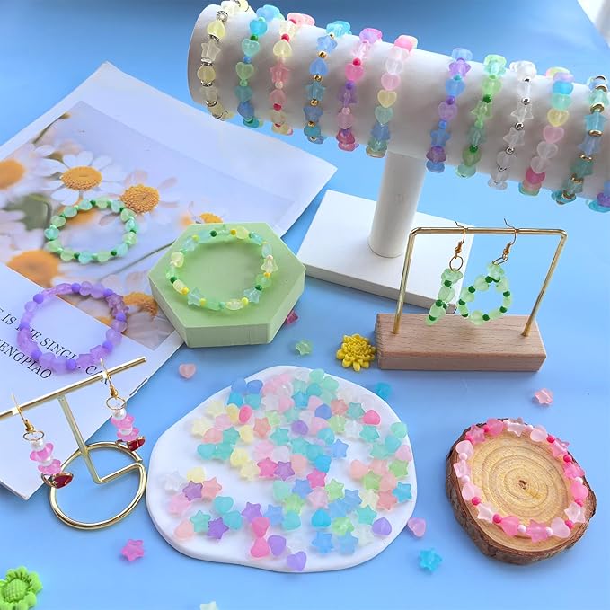 1000Pcs Matte Acrylic Star Beads Hart Beads for Bracelet Jewelry Making Jelly Color Frosted Pastel Beads Colorful Cute Aesthetic Kawaii Bead Charms for DIY Necklace Keychain Phone Charms