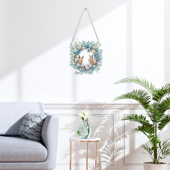 QENSPE Diamond Painting Art Hanging Kits for Adults, 5D Easter Special Shape Diamond Paingting Ornaments with Chain, DIY Rabbits Crystal Window Pendants for Home Wall Decor Double Sided 8X8 inch