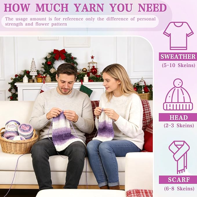 Ombre Yarn for Crocheting - 4x100g Soft 60% Cotton 40% Acrylic Yarn - 962 Yds Gradient Cake Yarns for Knitting Shawls Blankets Sweater with 2 Crochet Hooks (4, Purple Gradient)