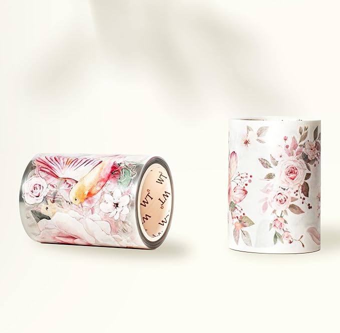 WT Pre-Cut Pink Velvet Wide PET Tape, Single Roll, Original Designs, Transparent Floral Adhesive, Durable Decorative Clear Tape for Journaling, Scrapbook, Planner, DIY Crafts, Bujo Supplies, 60mm×5m