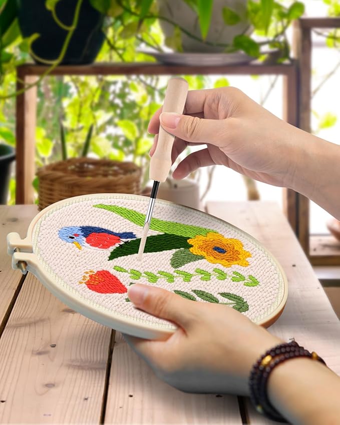 TINDTOP 3 Sets Punch Needle Kits, Flowers Punch Embroidery Kits for Adults Beginner, Tool with Punch Needle Fabric, Hoops, Yarns and Sewing Needles