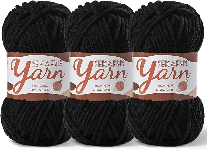 3 Pack Fluffy Velvet Yarn for Crocheting，Baby Blanket Yarn for Crocheting Soft，150g(196.8yds) Amigurumi Yarns，Plush Chenille Crochet Yarns，Puzzle Yarn for Crochet Weaving Craft(3 Black)