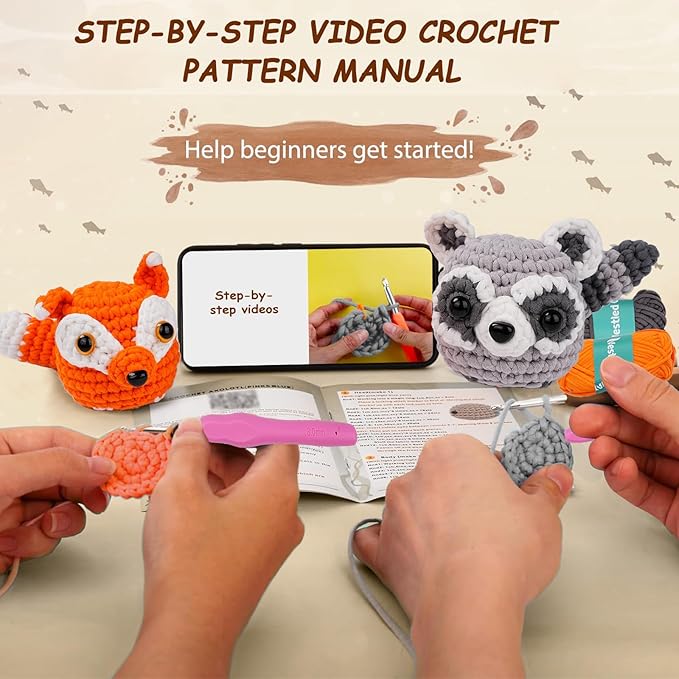 Vanttokeey Crochet Kit for Beginners, Animal Amigurumi Crochet Kits Included, Step-by-Step Video Tutorials, Beginner Crochet Kit for Adults and Kids, Crocheting Starter Set (Foxy)
