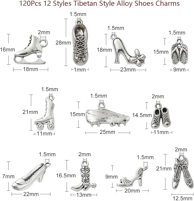 DanLingJewelry 120Pcs 12 Styles Tibetan Style High Heel Shoe Charms Boot Ballet Sneaker Shoes Charms for Jewelry Making Crafting