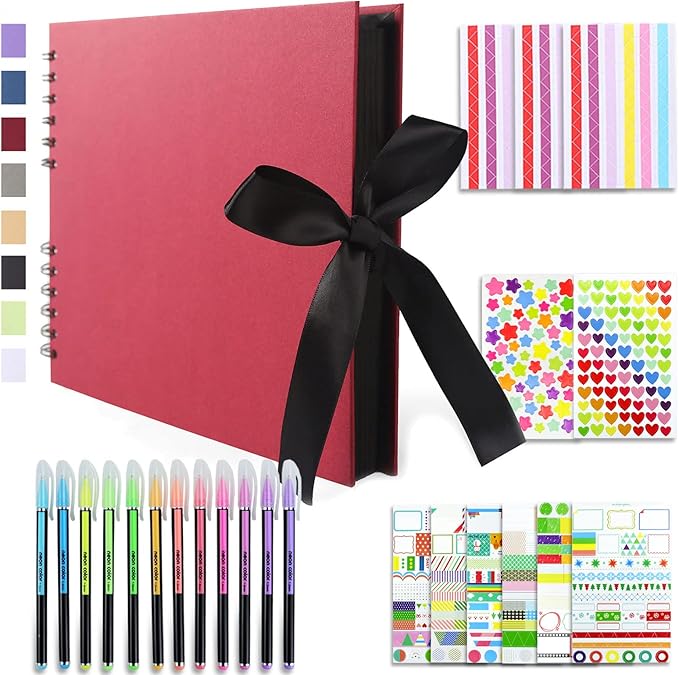 Vienrose Scrapbook Album 80 Pages, DIY Photo Album with Accessories, Red Kraft Paper Memory Book for Wedding, Birthday, Travel, Valentine, Mother’s Day, 11x8 Inches