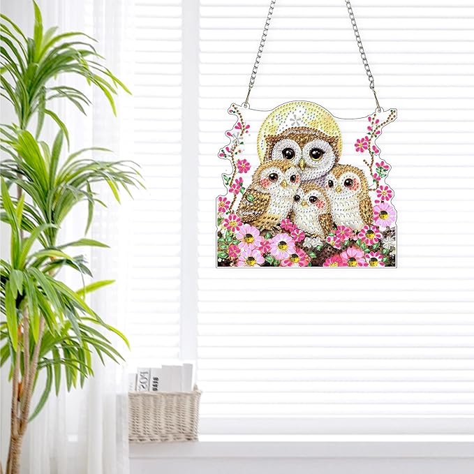 Lxmsja DIY Owls Family Diamond Painting Hanging Ornament, Double-Sided Acrylic Moonlit Diamond Art Kit, Special Shaped Suncatcher Hanging Pendant Window Art Kit 7x8 inch