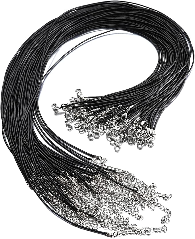100 Pcs 20" 1.5mm Black Waxed Cord Necklace String Bracelet Faux Leather Chain Clasp Bulk for Jewelry Making Supplies Accessories