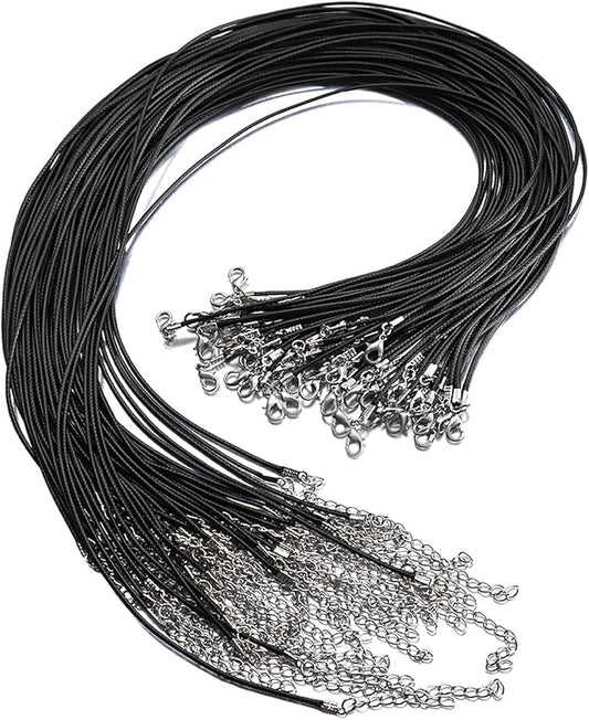 100 Pcs 20" 1.5mm Black Waxed Cord Necklace String Bracelet Faux Leather Chain Clasp Bulk for Jewelry Making Supplies Accessories