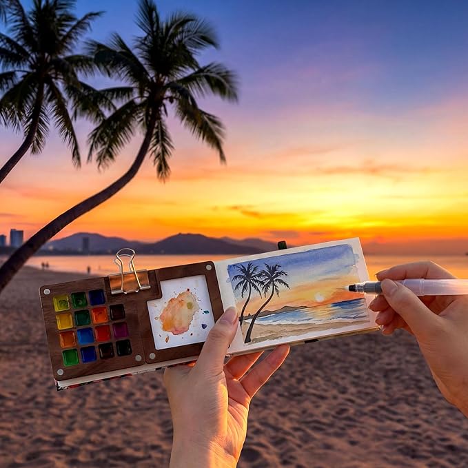 10 Pcs Mini Watercolor Paint Set, All-in-One Walnut Wood 15-Color Premium Pocket Travel Paint Kit, with Crossbody Bag,Watercolor Journal Metal Clip Paint Ideal for Art Lovers (10)