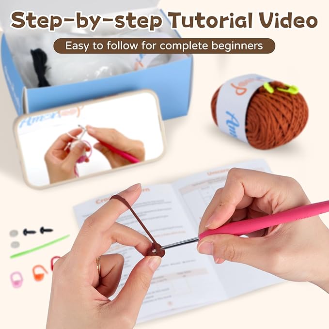 Amorloop Crochet Kit for Beginners – Easy-to-See Stitches Yarn, Pre-Started Piece, and Step-by-Step Video Tutorials | Starter Crochet Set with Cute Animal Pattern – Original Handmade Bear Pattern