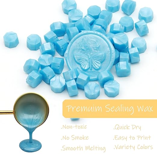 250pcs Wax Seal Beads Baby Blue, Andotopee Premium Sealing Wax Beads for Stamp Seals, Octagon Metallic Seal Stamp Pellets Refill Pack for Wedding Invitation, Letter Envelope, Scrapbook DIY Crafts