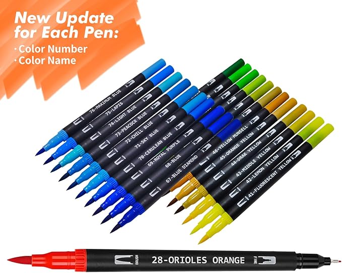 Colored Markers for Adult Coloring Books, Dual Tip Brush Pens with 100 Watercolor Fine Tip Markers and Brush pens for Kids Drawing Calligraphy