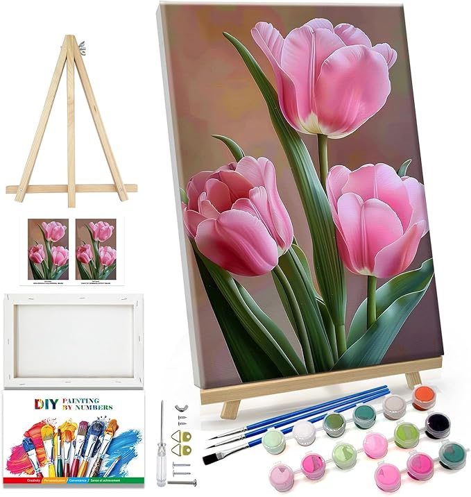 JOOZ Paint by Numbers Kit for Adults Flowers Paint by Numbers Kit with Frame DIY Tulip Paint by Number with Easel Floral Adult Paint by Number Kits Canvas for Gift Home Wall Decor 7.87x11.81 Inch