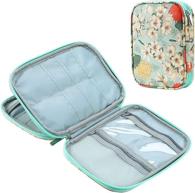 Knitting Needles Case Crochet Hooks Organizer Zipper Bag, Portable Travel Storage Pouch for Circular Knitting Needles, Crochet Hooks, Sewing Tools (Green Lily)