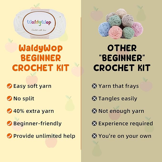 WaldyWop Crochet Kit for Beginners: 3PCS Fruit Squishies Knitting Kits, DIY Craft Kits for Adults w/Video Tutorials & Soft Yarn, Hook - Hobbies Starter Kit for Girls (13+, Birthday Gifts Set for Women
