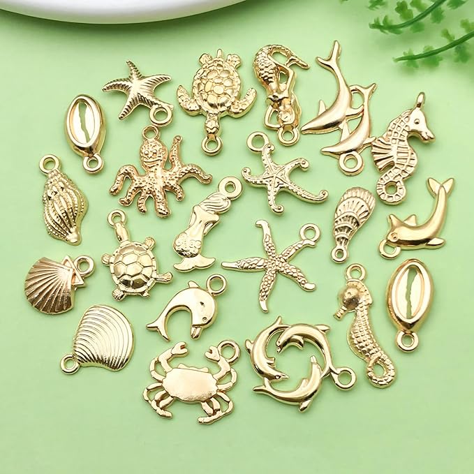 Sailanzi 100pcs KC Gold Underwater World Style Series Pendant Jewelry Making DIY Keychain Earrings Pendant Various Design Charms for Jewelry Making Bracelets Necklace(SN884)