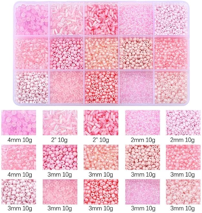 Mix 15 Color Glass Seed Tube Beads Glass Bugle Beads Loose Kit for Jewelry Making DIY Craft Beading (Mix 15 Color, Pink)