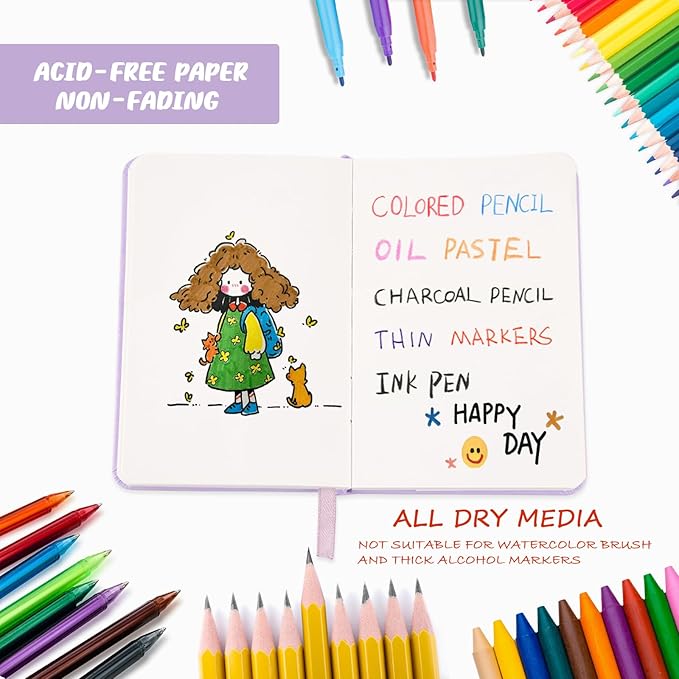 Mix Media Pad,3.5"x5.5" Small Hardcover Leather Art Sketchbook,60 Sheets(112lb/180gsm) Heavyweight Acid Free Artistic Painting Drawing Sketching Paper, Handy Pocket Journal Sketchbook.Taro Purple