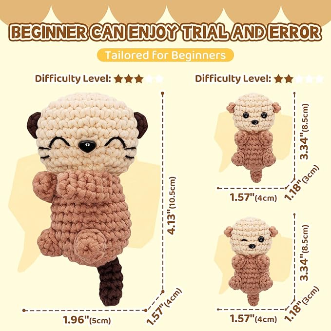 Mewaii Crochet Kit for Beginners Level 1 with 40% Extra Eco-Friendly Pre-Started Easy Yarn, Step-by-Step Video Tutorials for Adults and Kids (3 Pack Sea Otter Family)