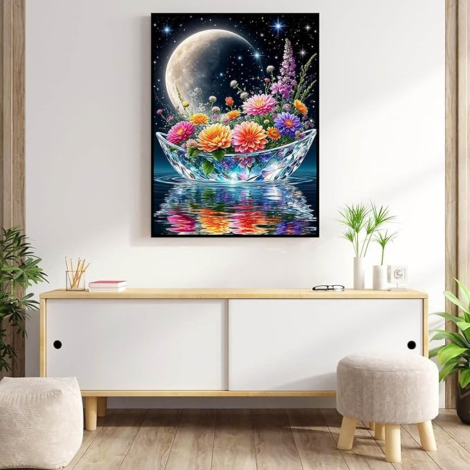 Meothan Diamond Art Kits for Adults, 5D DIY Moon Flowers Boat Diamond Painting Kits for Beginners, Diamond Dots Gem Arts Crafts Kits for Living Room Bedroom Offices Home Wall Decor 12X16 Inch