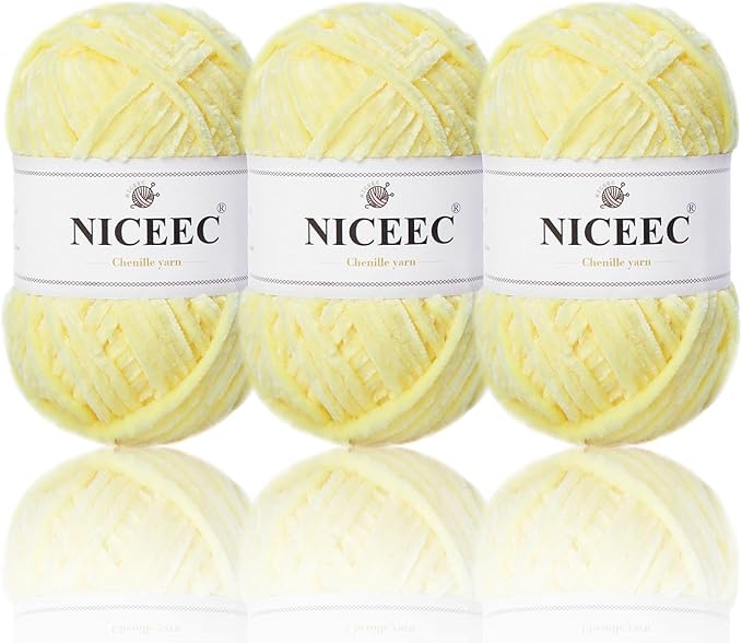 NICEEC 3 Skeins Soft Chenille Yarn Blanket Yarn for Knitting Fancy Yarn for Crochet Weaving DIY Craft Total Length 3×85m (3×93yds, 3×50g)_Light Yellow