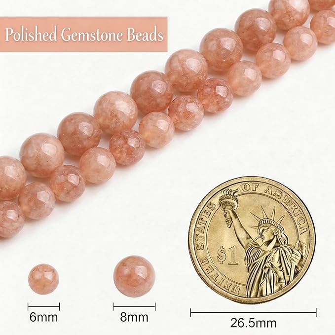 Stone Beads, 45pcs Sunstone, 8mm Round Loose Beads for Jewelry Making, Bracelets, with Bag, String & Card