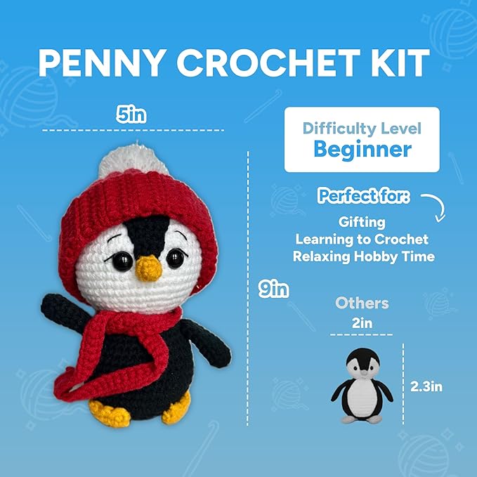PUFLS Penguin Crochet Kit for Beginners Kids, Beginner Crochet Kit for Adults and Kids with Video Tutorials, Crochet Kits with Mini Crochet Animals, Knitting Kit for Beginners and Cute Crocheting Kit