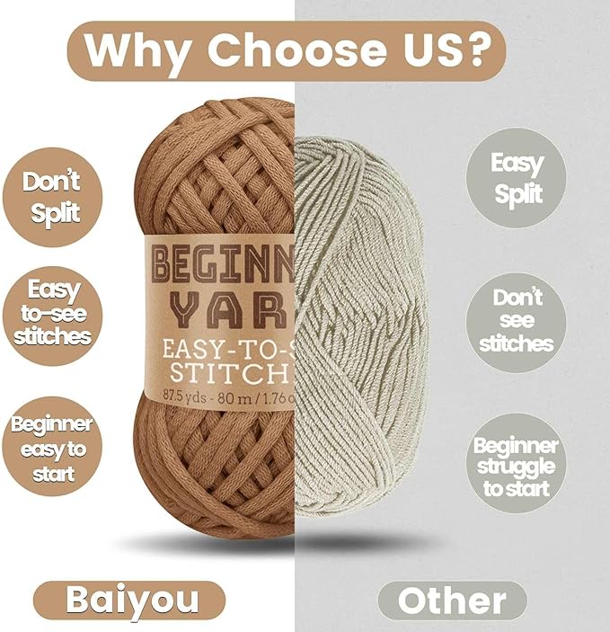 3x50g Beginners Brown Yarn, 260 Yards Brown Yarn for Crocheting Knitting, Easy-to-See Stitches, Worsted Medium #4, Chunky Thick Cotton Nylon Blend Yarn Yarn for Crocheting