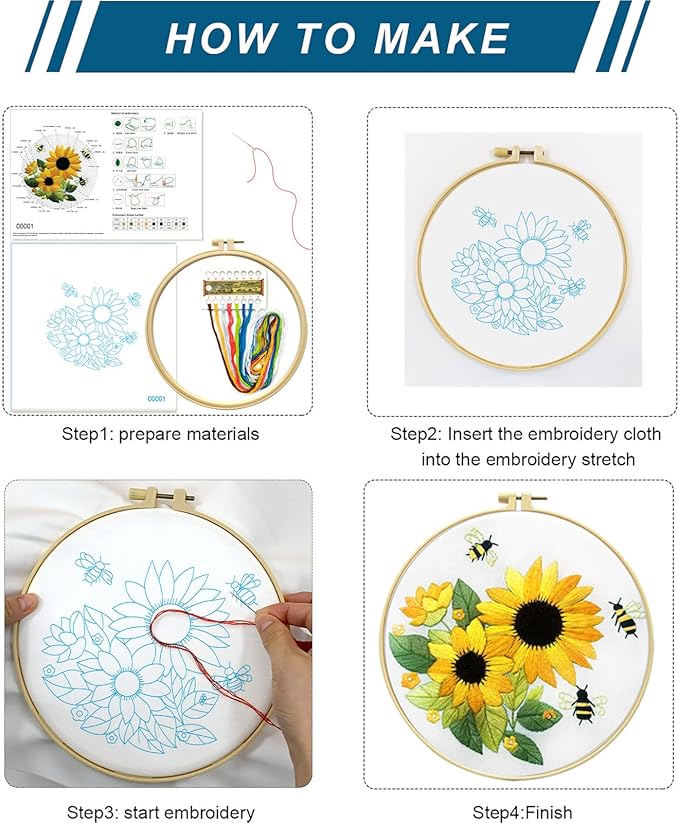 Zhenqing Sunflower Embroidery Kit 3 Designs | 11.4"x11.4" Beginner-Friendly Hand Embroidery Set with Hoop & DMC Threads | DIY Home Wall Decor, Mindful Gift for Mothers Day C0005