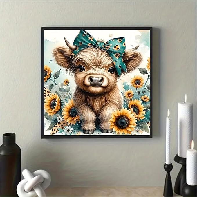 BYGFHLYW Diamond Art Painting Kits for Adults, Cow 5D Diamond Painting Dots Art Kits for Adults Beginner, DIY Highland Cow Full Round Gem Crystal Art Paint by Diamond, Home Wall Decor 12 x 12 in