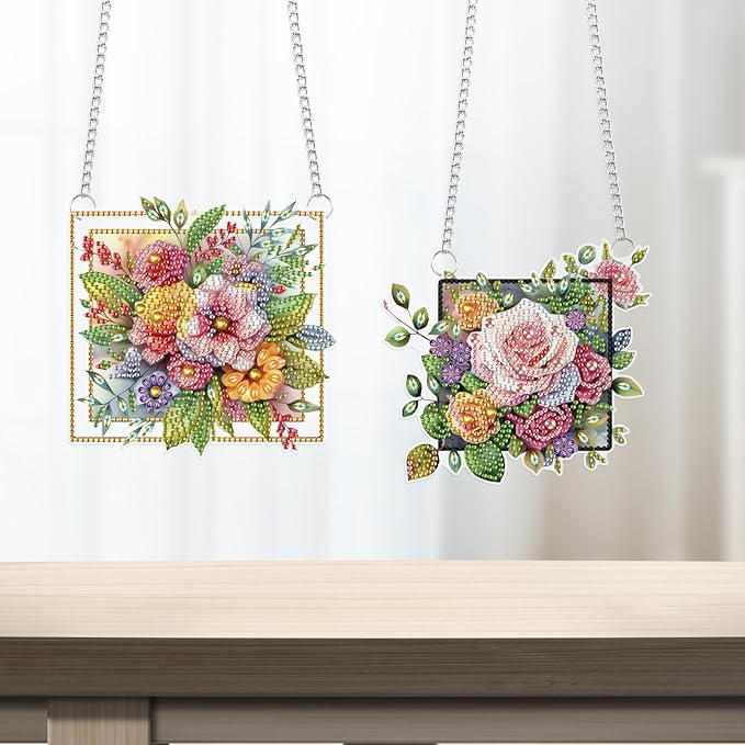 LazyFold 2 Pcs DIY Acrylic Diamond Art Painting Flowers Kits Special Shaped Rhinestone 5D Diamond Art Window Pendants Home Garden Wall Hanging Kits Hanging Ornament