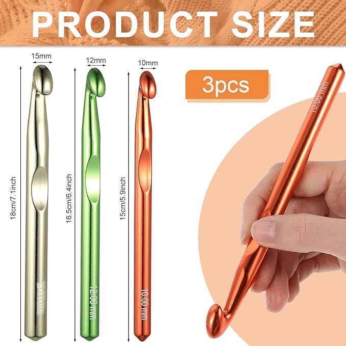 3pcs Large Crochet Hook, 15mm 12mm 10mm Aluminum Crochet Big Huge Crochet Hooks for Chunky Yarn Crochet Needles Big Standard Size Crochet Hooks