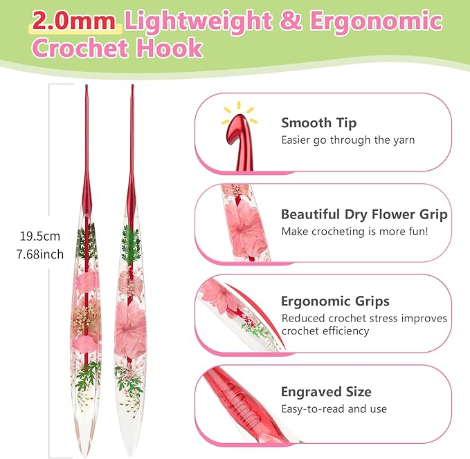 Katech 2.0mm Crochet Hooks with Floral Pattern-Elegant &Unique Crochet Needles-Longer Smooth Glide Crocheting Hook for Arthritic Hands, Beginners & Professional Ideal Crochet Gift