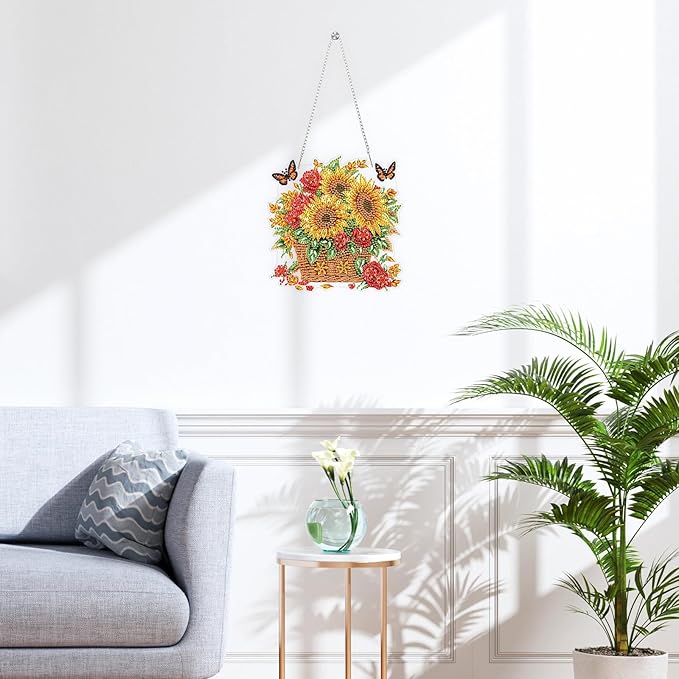 QENSPE Diamond Painting Art Hanging Kits for Adults, 5D Sunflower Diamond Paingting Ornaments with Chain, DIY Butterfly Crystal Window Pendants for Home Wall Decor Double Sided Gift 8X8 inch