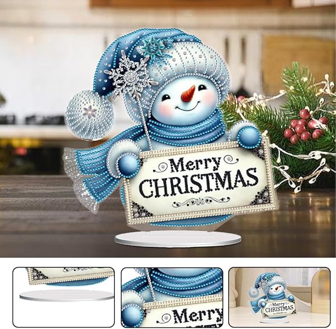 LAKEQUILL Christmas Diamond Painting Kits, Tabletop Ornament, Stand Up Diamond Art Desktop Kits for Home Office Decor, New Year Gift - Snowman (Blue)