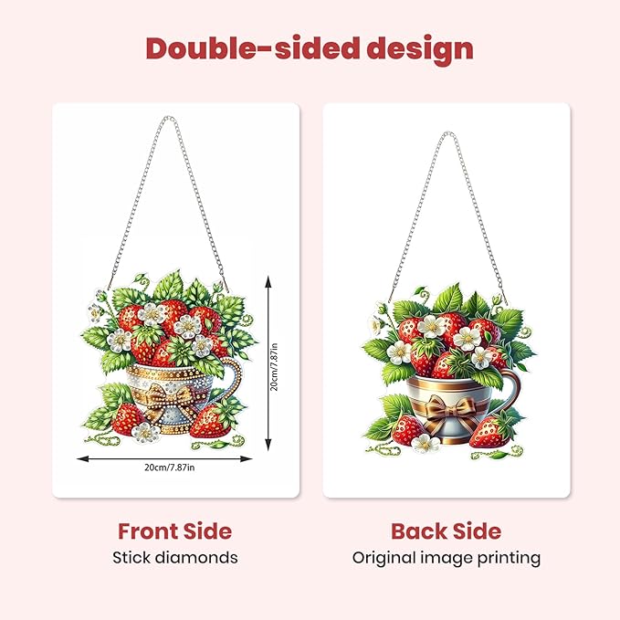 MXJSUA Strawberries Diamond Painting Art Window Suncatchers, Diamond Art Kits for Adults Hanging Ornaments with Chain, 5D Special Shape Crystal Diamond Pendant Accessories for Decor Gift 8x8 Inch