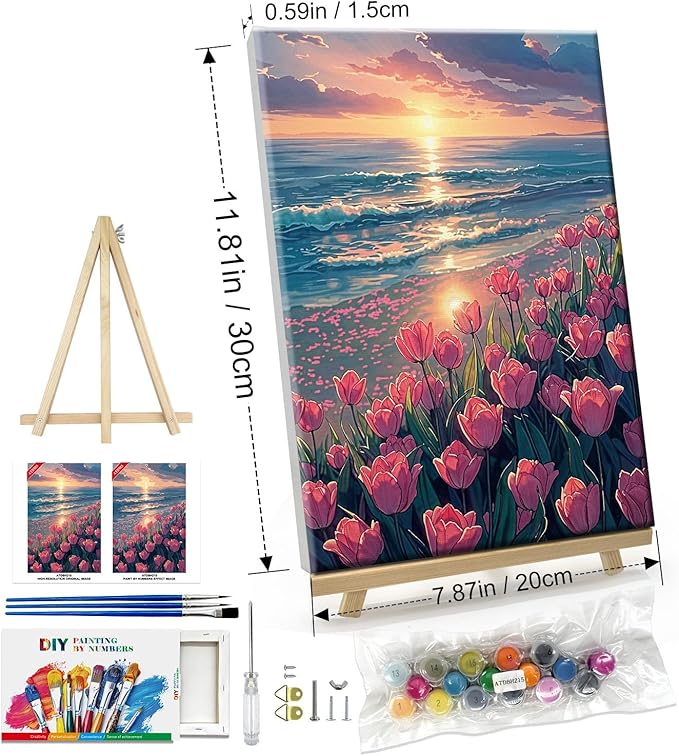 ATDMS Paint by Numbers Kit for Adults with Easel DIY Tulips Adult Paint by Number Kits on Canvas Framed Oil Painting Kits for Wall Hanging Home Room Decor 7.87x11.81 Inch