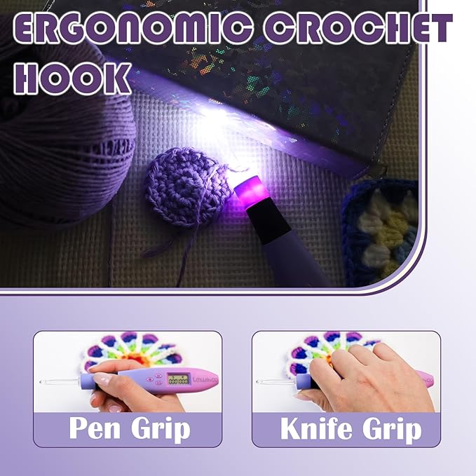 Lewhoo Lighted Crochet Hooks Set, 11 Size Light up Rechargeable Crochet Needle for Fluffy Yarn with Counter 2.5-8.0mm, Ergonomic Handle with Screw Gradiant Purple Glow in Dark