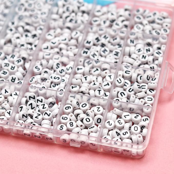 Melius 1450Pcs Acrylic Letter and Number Beads, 4x7mm Alphabetical Flat Round Alphabet Beads in 28 Grid Box for Bracelets, DIY Crafts