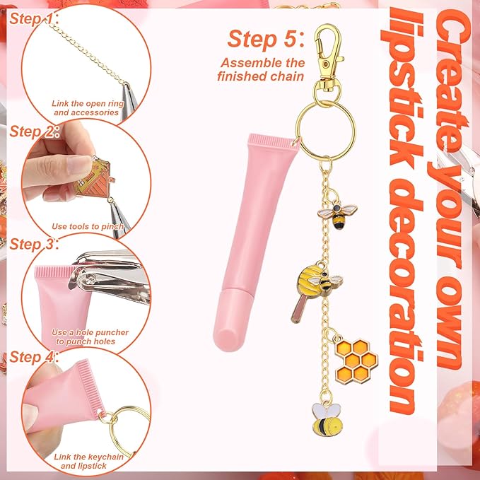 VioraWhite 213 Pcs Fall Theme Lip Gloss Keychain Making Kit 100 Pink Enamel Charms 32.81 ft Gold Chains for DIY Crafts Women