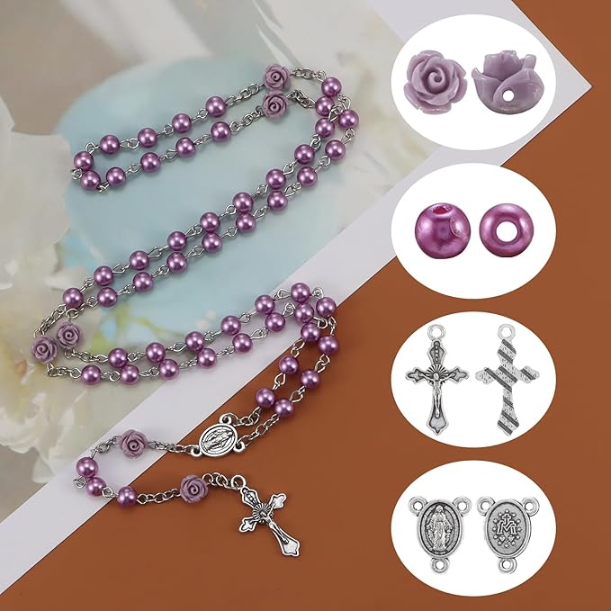 610Pcs Rosary Jewelry Making Kit, Rosary Pearl Beads Carved Rose Beads Rosary Cross Centerpiece Crucifix Medal, Rosary Prayer Making Supplies First Communion Necklace Bracelet Jewelry Making (Purple)