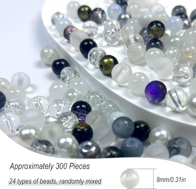 300pcs 8mm Glass Beads, 24 Colors Assorted Glass Beads for Jewelry Making, Black and White Series Round Spacer Bead Kit for Bracelet Necklace DIY Craft