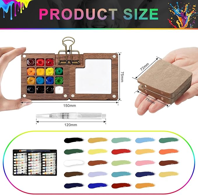 Mini Watercolor Paint Set,24 color Paints, 15 Grids Portable Wooden Travel Palette, Sketchbook & Copper Clip, Metal Clip –For Beginners, Artists & Painting Enthusiasts