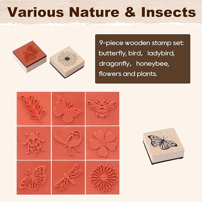 UCEC 9 Pack Vintage Wood Rubber Stamps for Crafting, Flower Butterfly Plant Bird Ladybird Dragonflies Honeybee Nature Stamps for Card Making & Scrapbooking, Floral Stamp for Painting Journaling DIY